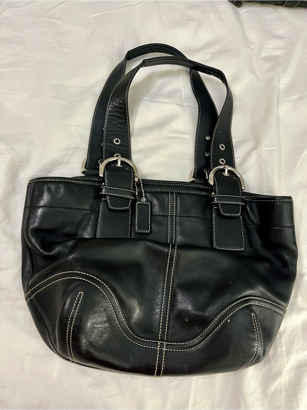 Coach Black Leather Shoulder Bag with White Contrast Stitching